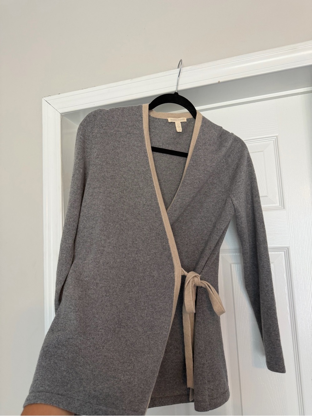 Eileen Fisher Gray Tie Cardigan with Beige Trim